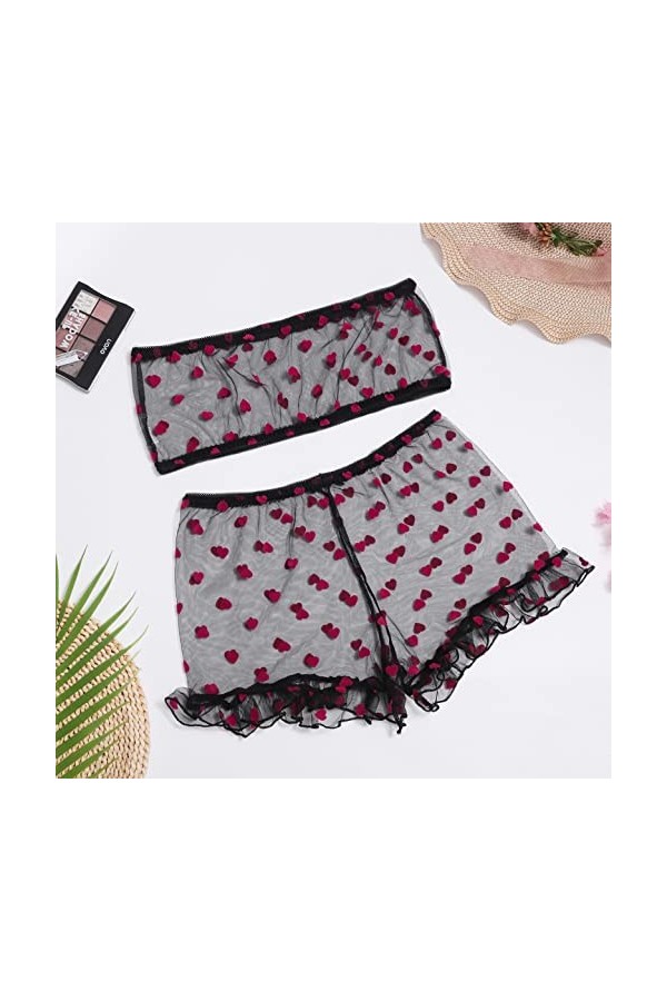 Sexy Culotte Love Pattern Dentelle Femmes Sexy Sous-Vêtements Pyjama Ensemble Jarretelles Lingerie, Noir , L
