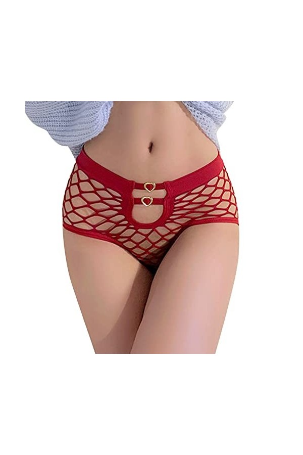 Sous-vêtements sexy pour femme - Culotte sexy - Taille moyenne - En maille creuse - Haute élasticité - Noir, Rouge pastèque, 