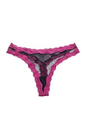String sexy en dentelle avec empiècements en maille transparente de couleur contrastée et bords ondulés - Grande taille, Noir