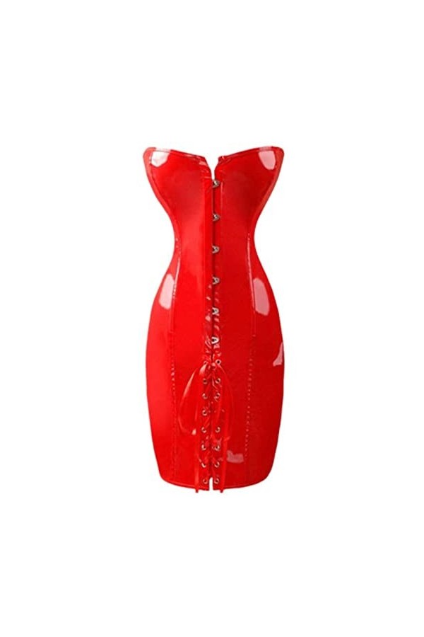 SHANHE Steampunk Femmes Brillant PU Cuir Overbust Long Corset Robe Taille Formateur Bustiers Corselet Sexy Col V Profond Cour