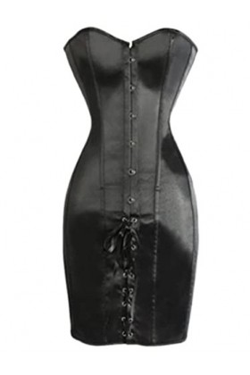 SHANHE Steampunk Femmes Brillant PU Cuir Overbust Long Corset Robe Taille Formateur Bustiers Corselet Sexy Col V Profond Cour