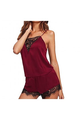 CreoQIJI Ensemble de pyjama pour femme - Slip - Soutien-gorge - Pantalon - En dentelle - Noir, Rouge pastèque, S