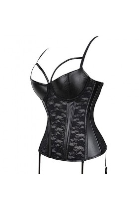 SHANHE 3/4 Coupe Rembourrée Corset Femme Faux Cuir Couture Dentelle Corset Désossé Réglable Crochet Oeil Bustier Plus La Tail