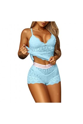 Lingerie sexy en dentelle pour femme - Vêtement de nuit en dentelle, bleu, L