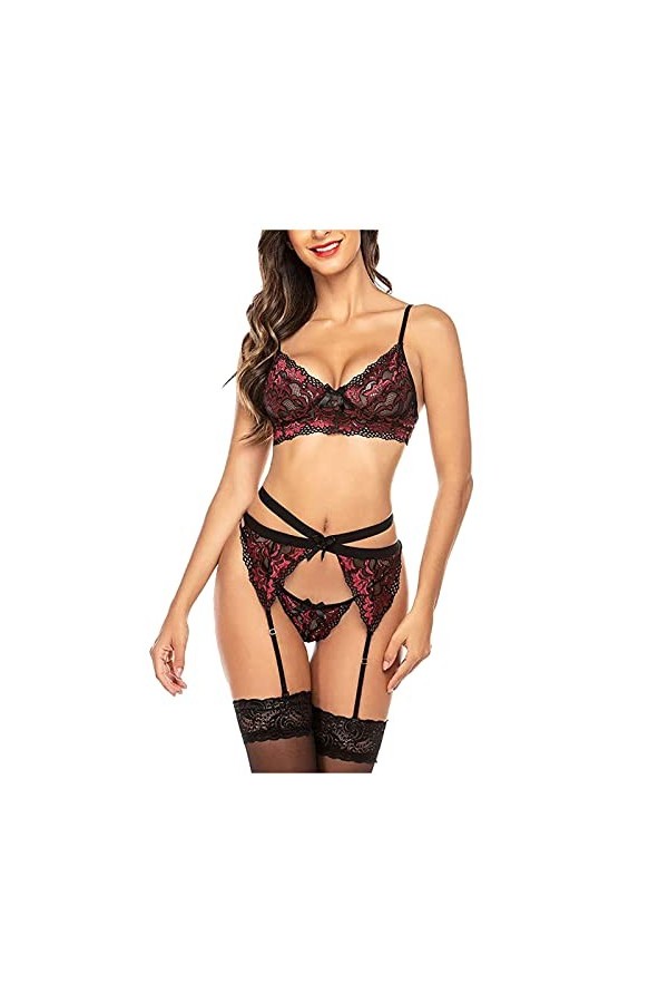 Lingerie Nuisette Sexy Femme 3 Pieces Dentelle Porte Jarretelles Ensemble de Soutien-Gorge et de Culottes Sexy à Bretelles El