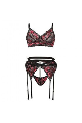 Lingerie Nuisette Sexy Femme 3 Pieces Dentelle Porte Jarretelles Ensemble de Soutien-Gorge et de Culottes Sexy à Bretelles El