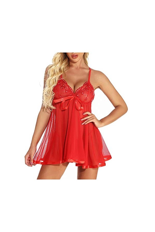 2023 Nouvel An - Vêtements de nuit sexy avec nœud S-6XL Plus vêtements de nuit lingerie pyjama mini jupe lingerie, Rouge, S