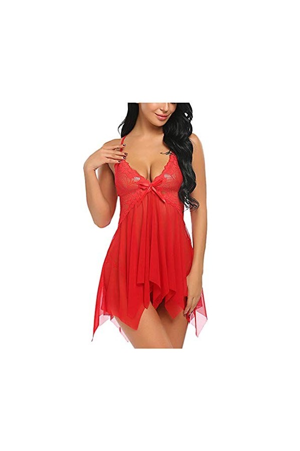 Pyjama Femme en Coton Lingerie Sexy Nuisette Bandoulière Réglable Robe de Nuit Lingerie avec Détails en Dentelle Chemise de N