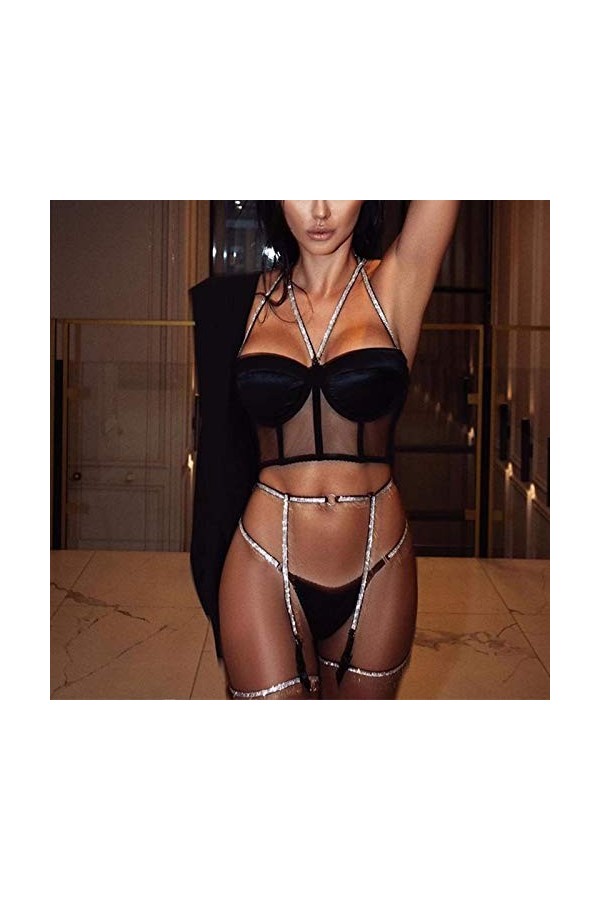 Lingerie sexy pour femme avec soutien-gorge et pyjama sexy en dentelle clignotante à trois points en diamant léger, Noir , M