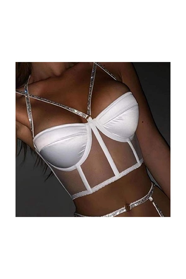 Lingerie sexy pour femme avec soutien-gorge et pyjama sexy en dentelle clignotante à trois points en diamant léger, blanc, XL
