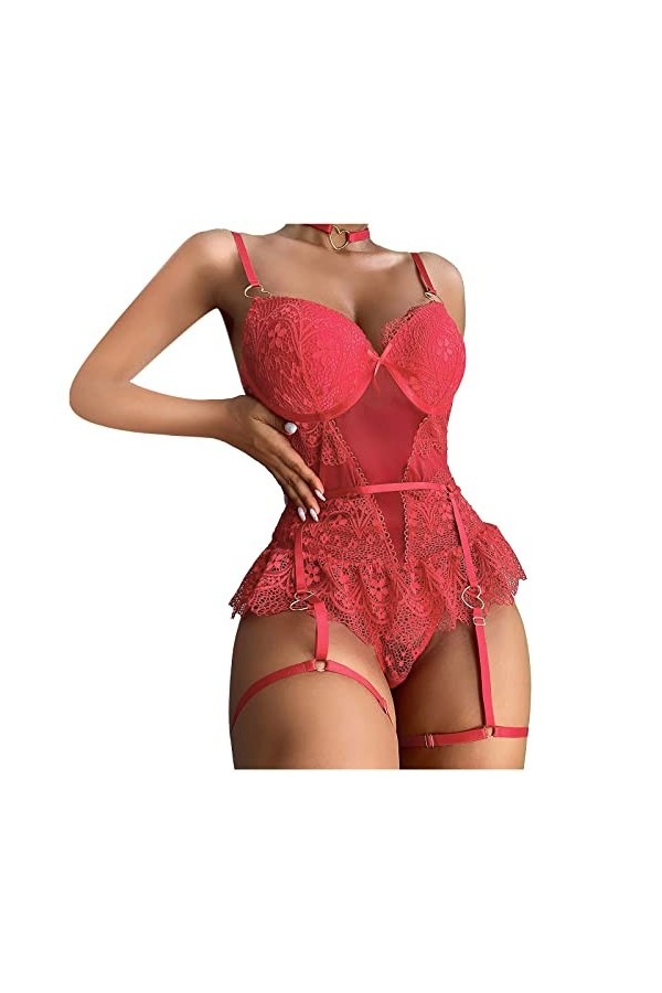 Lingerie sexy en dentelle pour femme, Red, XL
