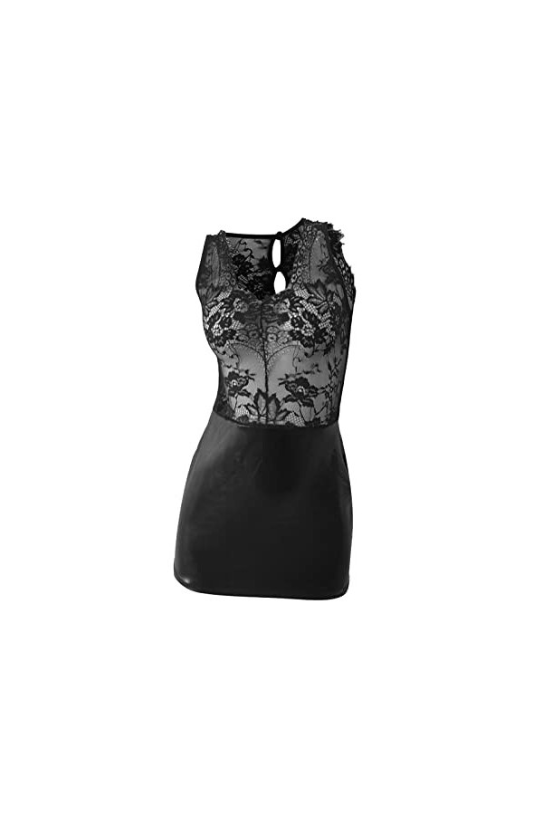 Y99K Style Sexy Cou Dentelle Élastique Mouillé Look PU Robe Flirty Bodycon Nuisette Costume Femme Sexy 2024, Noir , S