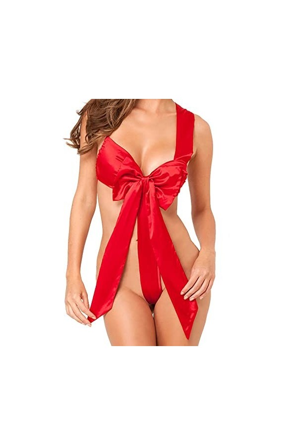 Femmes Lingerie Vêtements de Nuit Bandage Bowknot Vêtements de Nuit Corset sous-Vêtements Rouge Gorge Lingerie Body Red, XXL