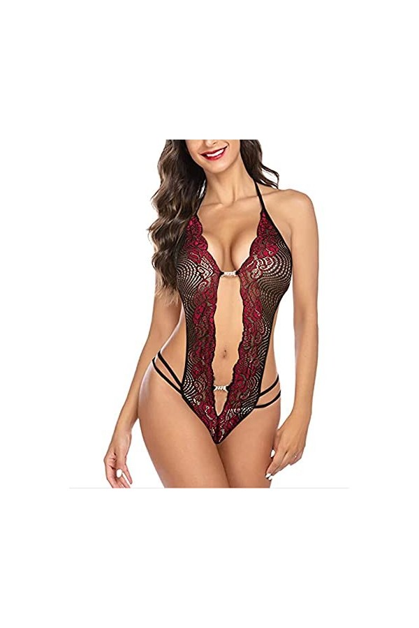 Luckywaqng Ensemble de lingerie sexy pour femme en dentelle avec strass, rouge, XXL