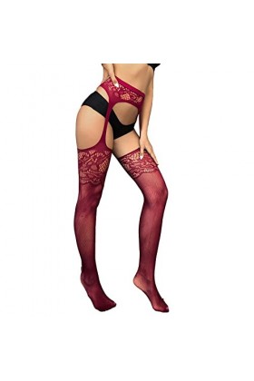 TDEOK Slip Femme Mesh Lingerie Jarretière Bas Sexy Résille Cuisse Collants Collants Collants Lingerie Culotte Ouvert, Bordeau
