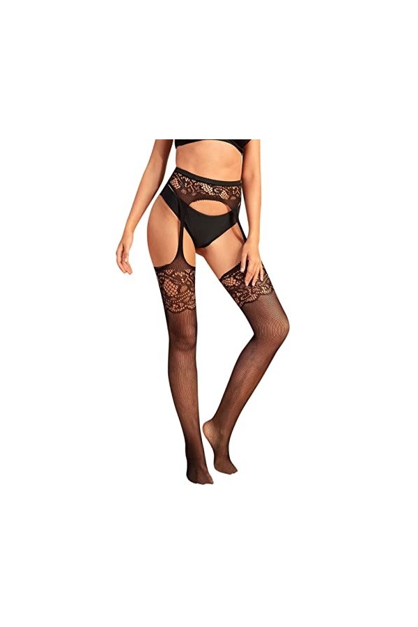 TDEOK Slip Femme Mesh Lingerie Jarretière Bas Sexy Résille Cuisse Collants Collants Collants Lingerie Culotte Ouvert, Noir , 