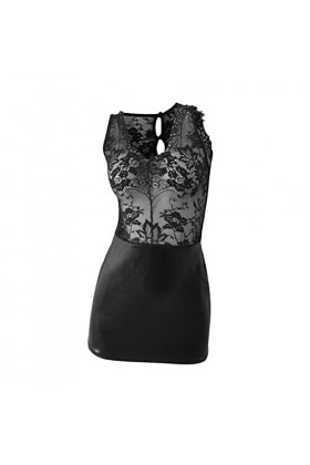 Y99K Style Sexy Cou Dentelle Élastique Mouillé Look PU Robe Flirty Bodycon Nuisette Costume Femme Sexy 2024, Noir , M