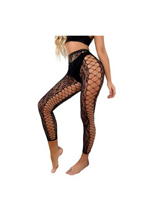 Collants sexy pour femme avec ouverture en résille et imprimé léopard Turquoise, Noir , taille unique