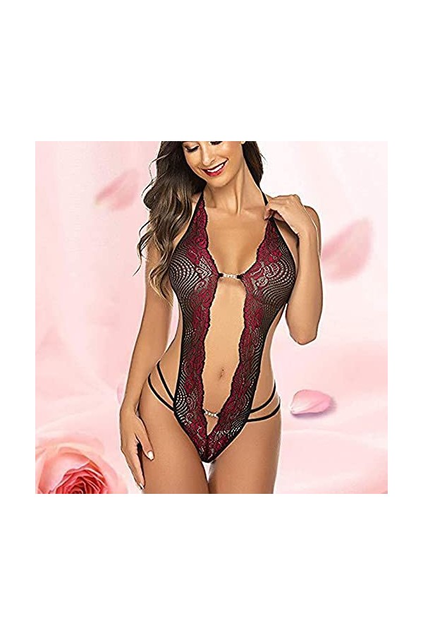 Luckywaqng Ensemble de lingerie sexy pour femme en dentelle avec strass, rouge, S