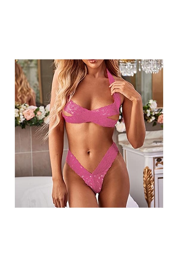 MOMOEW Sexy 2pc + Lingerie Dentelle Set Dames Lingerie Costume Thong Dentelle sous-vêtements de Mode Menottes Sexy Coquine Li