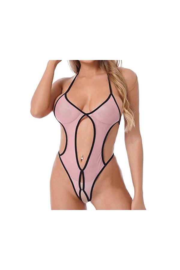 Lingerie sexy avec jarretelles - 1 pièce - Dos nu - En maille - Dos nu - Dentelle - Chemise de nuit - Dentelle - Filet de pêc