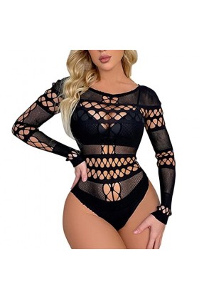 Tasse Sexy Femmes Lingerie Manches Longues Bodysuit Sexy Lingerie Lingerie En Peluche Body Avec Fente, Noir , taille unique