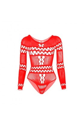 LIBELLEFLY Body sexy à manches longues en maille pour femme avec peignoir, Rouge, taille unique
