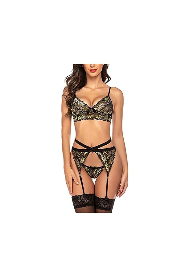Lingerie Nuisette Sexy Femme 3 Pieces Dentelle Porte Jarretelles Ensemble de Soutien-Gorge et de Culottes Sexy à Bretelles El