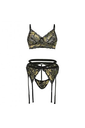 Lingerie Nuisette Sexy Femme 3 Pieces Dentelle Porte Jarretelles Ensemble de Soutien-Gorge et de Culottes Sexy à Bretelles El