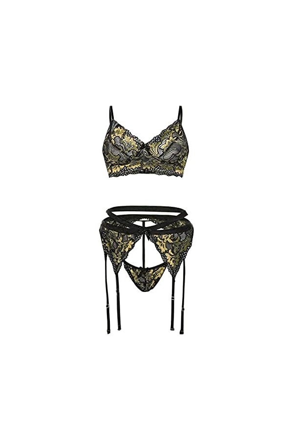 Lingerie Nuisette Sexy Femme 3 Pieces Dentelle Porte Jarretelles Ensemble de Soutien-Gorge et de Culottes Sexy à Bretelles El