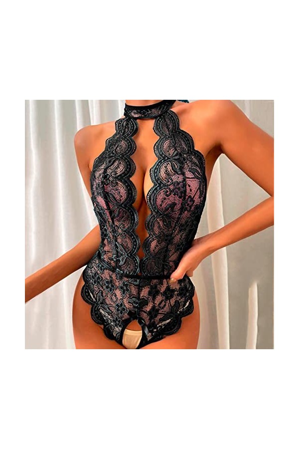 Hasagimol Lingerie Sexy Femme éRotique Pute One-Piece Deep V Dos Nu Réglable Teddy Sous-VêTement Ouvert Dentelle Babydolls Bo