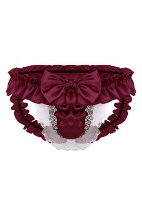 LULER Hommes G-String Open Thong Low Anal Dentelle Slip Sexy Culotte Sous-Vêtements Lingerie Body Avec Bonnets, Bordeaux, XL