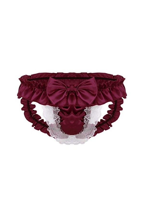 LULER Hommes G-String Open Thong Low Anal Dentelle Slip Sexy Culotte Sous-Vêtements Lingerie Body Avec Bonnets, Bordeaux, XL