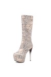 WOkismD 14.5CM / 5.7IN Simple Bout Pointu Semelle Épaisse Stiletto Léopard Imprimer Genou-Haute Bottes Femmes Catwalk Danse G