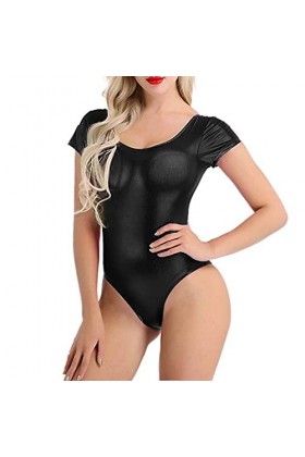 Générique Femmes Wetlook Body Shiny Ballet Justaucorps Dance Body Jumpsuit Party Dance Wear Disco Mini Jupe Courte Sexy Blac
