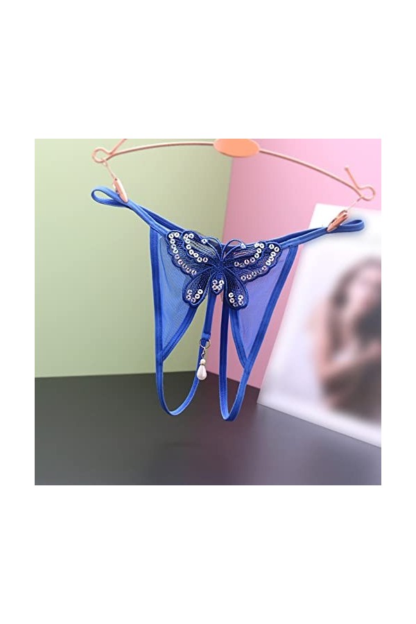 Body Transparent Paillette Basse caleçon Ouvert Coupe Perle Massage String Bustier Tire Lait Main Libre S Blue, One Size 