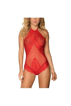 PAIDAXING Ensemble peignoir sexy dos nu en dentelle pour femme Bleu sarcelle, Rouge, S