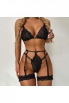 Lingerie Femme Sexy Ensemble 3 Pieces Dentelle Porte Jarretelles Soutien-Gorge et Culotte Ensemble Stretch Fendue sous-VêTeme