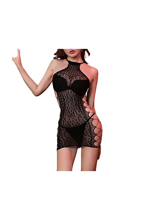 VRTUR Lingerie Sexy Three Points Passion Bas Serrés Déchirable Sexy Résille Ensemble de Vêtements Laque Lingerie Homme, Noir 