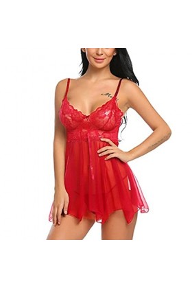 Luckywaqng Lingerie moulante en dentelle pour femme - Sexy - Transparent - Dos nu - Noir, rouge, S