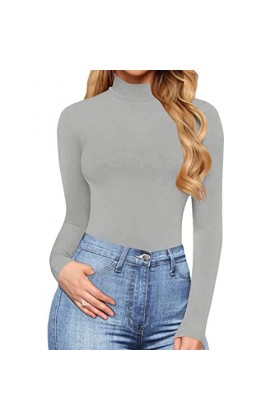 Combinaison sexy à col roulé et manches longues pour femme - Combinaison sexy à manches longues - Barboteuse courte et sexy -