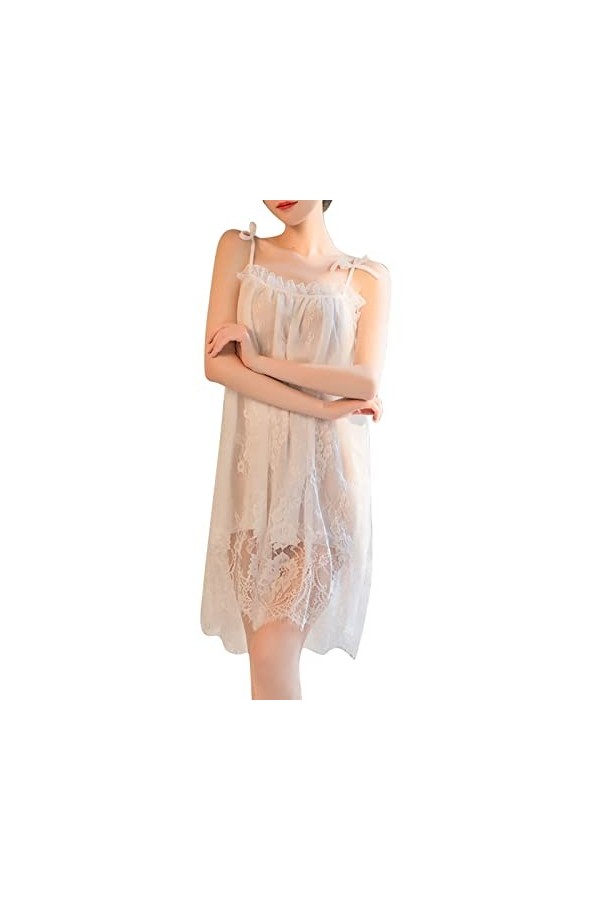 Ghemdilmn Robe de nuit sexy en dentelle avec col rond pour femme, Blanc., L