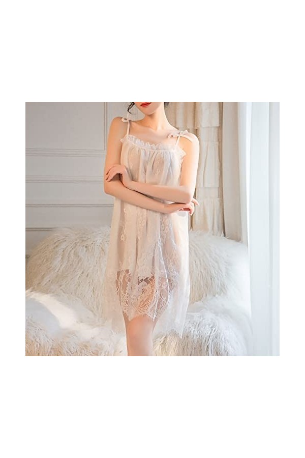 Ghemdilmn Robe de nuit sexy en dentelle avec col rond pour femme, Blanc., L