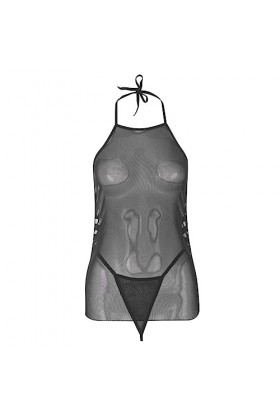 Combinaison ultra fine sexy en maille avec bretelles transparentes et bandes de lingerie sexy, Noir , taille unique