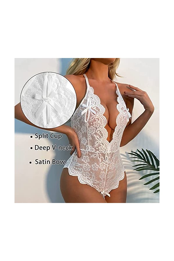 Hasagimol Lingerie Sexy Femme Coquine Hot Ouverte Une pièce Deep V Dos Nu Réglable Teddy sous-VêTement Ouvert Entrejambe Dent