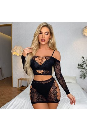 Femmes Sexy Lingerie Vêtements de nuit Résille Sheer Lingerie Set Latex Hommes Lingerie, Noir , taille unique