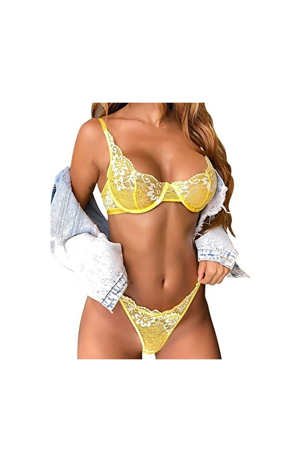 Lingerie sexy en dentelle avec anneau en acier pour pyjama, jarretière, culotte humide, jaune, M