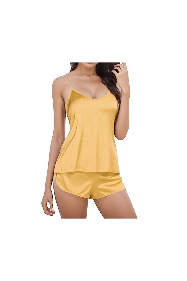 Jiabing Pyjama Pyjama Ensemble Lingerie vêtements de Nuit Femmes Shorts Sexy Satin Set Lingerie Sexy Cuir Yellow, M 