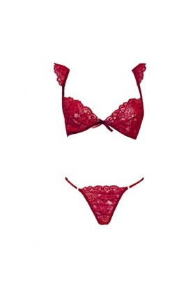 Ouvert Femmes Bralette Dentelle Sexy Ensemble Court avec String Sous-Vêtements Tenue Femme Extrême, rouge, S