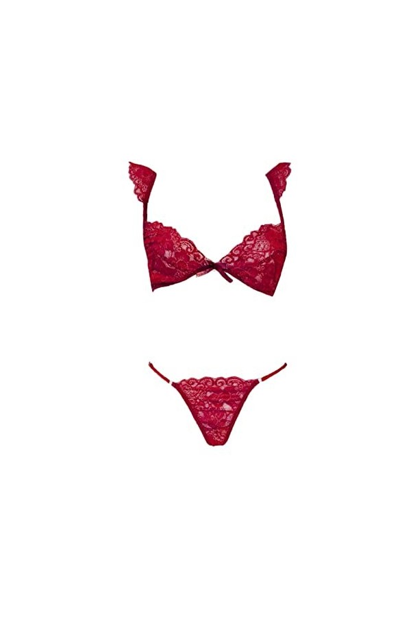 Ouvert Femmes Bralette Dentelle Sexy Ensemble Court avec String Sous-Vêtements Tenue Femme Extrême, rouge, S